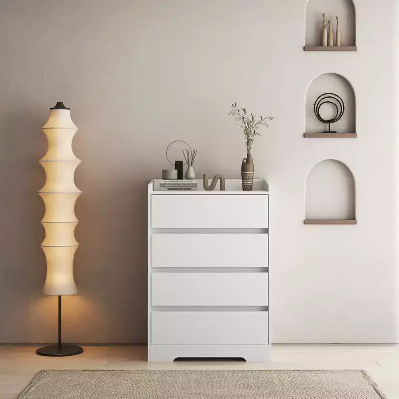 4 Drawer Dresser, Chest of Drawers without Handle, White Dresser for Bedroom, Waterproof Wooden Cabinet with Sturdy Frame for Living Room, Entryway