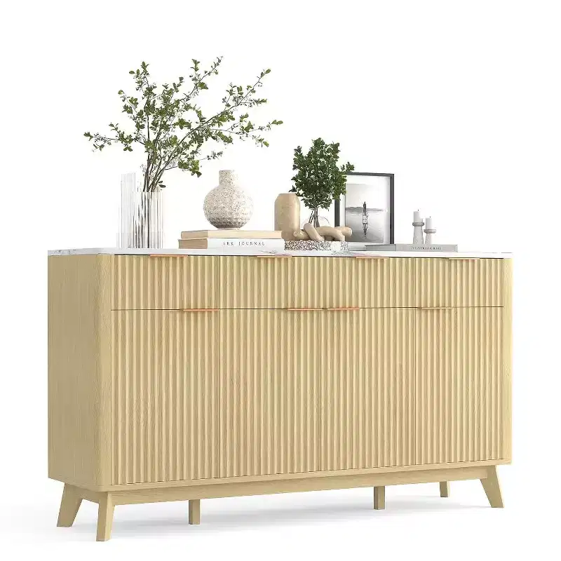 60 Farmhouse Fluted Buffet Cabinet with 3 Drawers and 4 Doors, Sideboard Coffee Bar with Adjustable Shelves