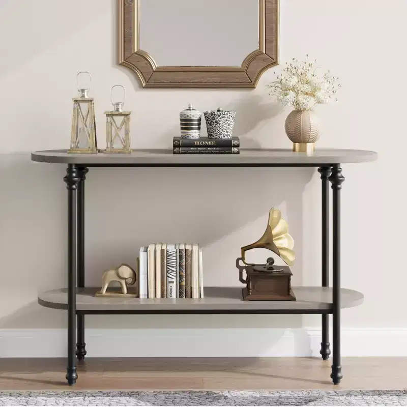 Narrow 2-Tier Industrial Entryway Console Table with Storage Shelf, Thin Behind Couch Sofa Table, Farmhouse Style