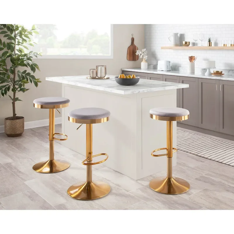 Set of 2 Counter Bar Stools | Gold Steel Frame | White Faux Leather | Adjustable Height