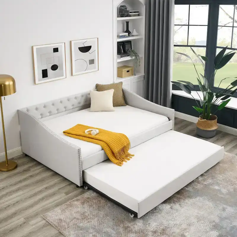 Upholstered Daybed Frame with Trundle & Tufted Backrest