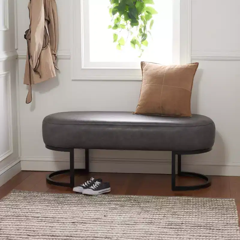 Oval Bench, Grey PU Leather Seat, Elegant Accent Seating - BCH6403