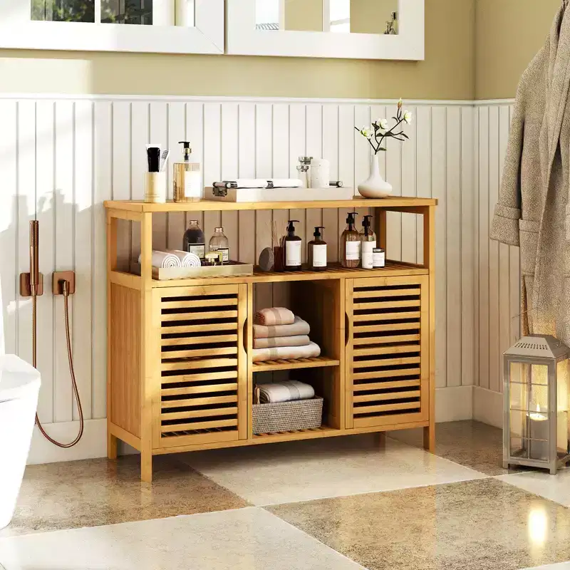 Costway Bamboo Bathroom Cabinet 2-Door Storage Organizer w/ Shelves for Living Room