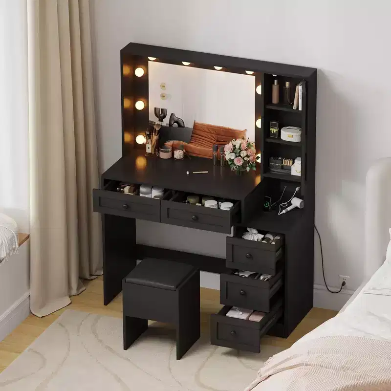 GustoWave Makeup Vanity Desk and Stool, Vanity Desk with Lights & Charging Station, Drawers and Hidden Storage Shelves