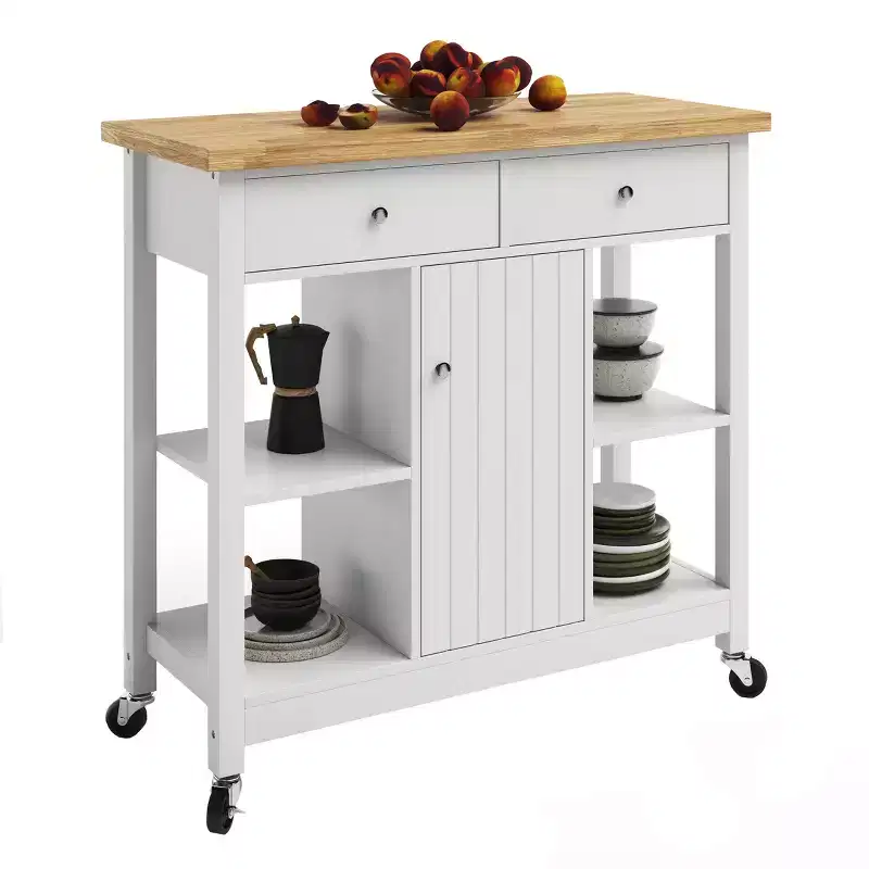 Kitchen Island with Drawers  Rolling Cart with Locking Casters  Use as Coffee Bar, Microwave Stand, or Shelves for Storage by Lavish Home (White)