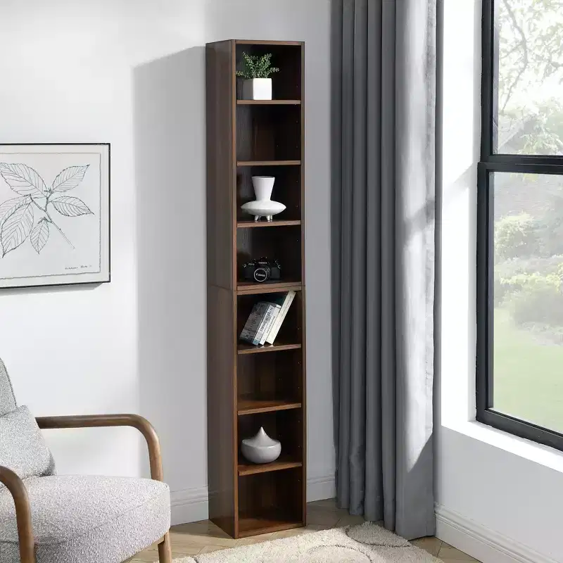 MAYEERTY 8 TierMedia Tower Rack Tall Narrow Bookcase Display Bookshelf with Adjustable Shelves for Home Living Room Walnut