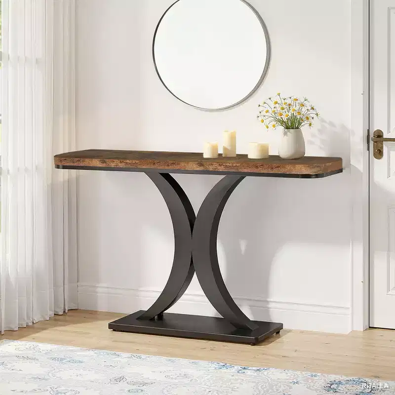 39.4L Industrial Narrow Console Table, Rustic Brown Wood Grain 40H Entryway Table