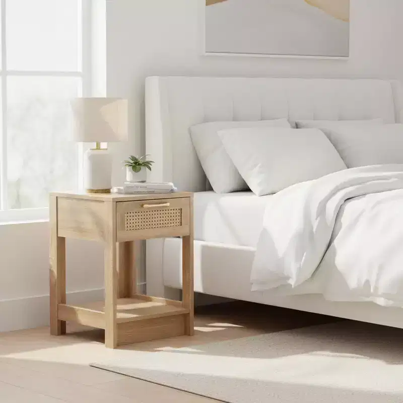Nightstand with Rattan Drawer and Open Shelf, Bedside Table