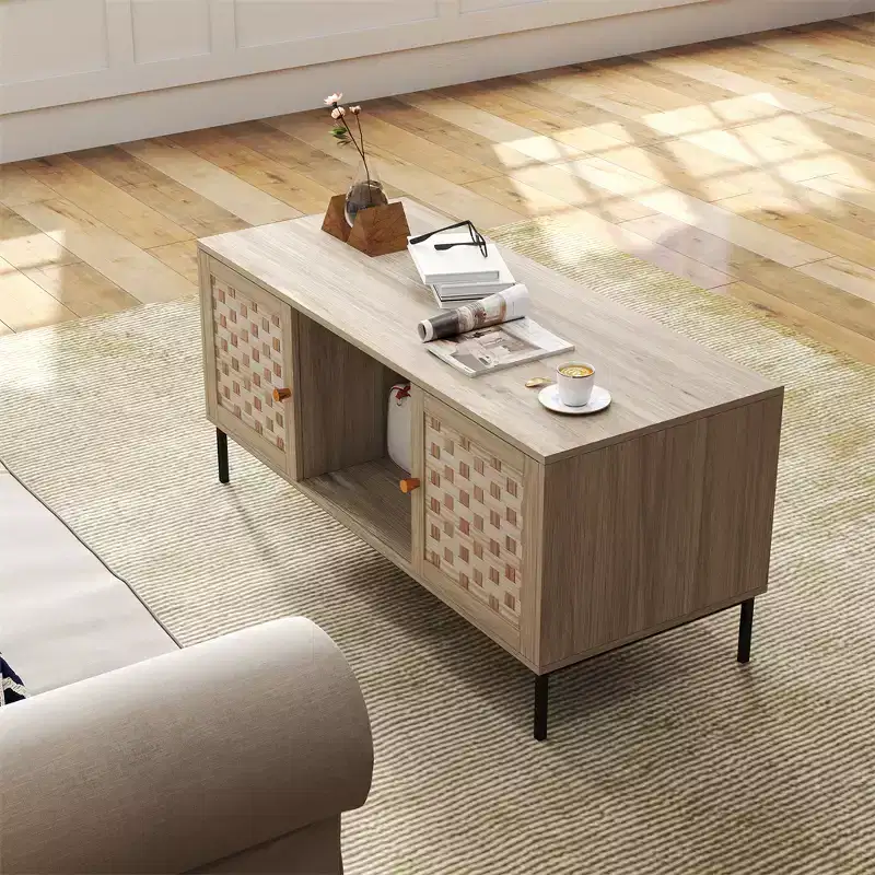 Rectangular Wooden Coffee Table with Sliding Door & Woven Veneer, Symmetrical Storage for Living Room or Bedroom