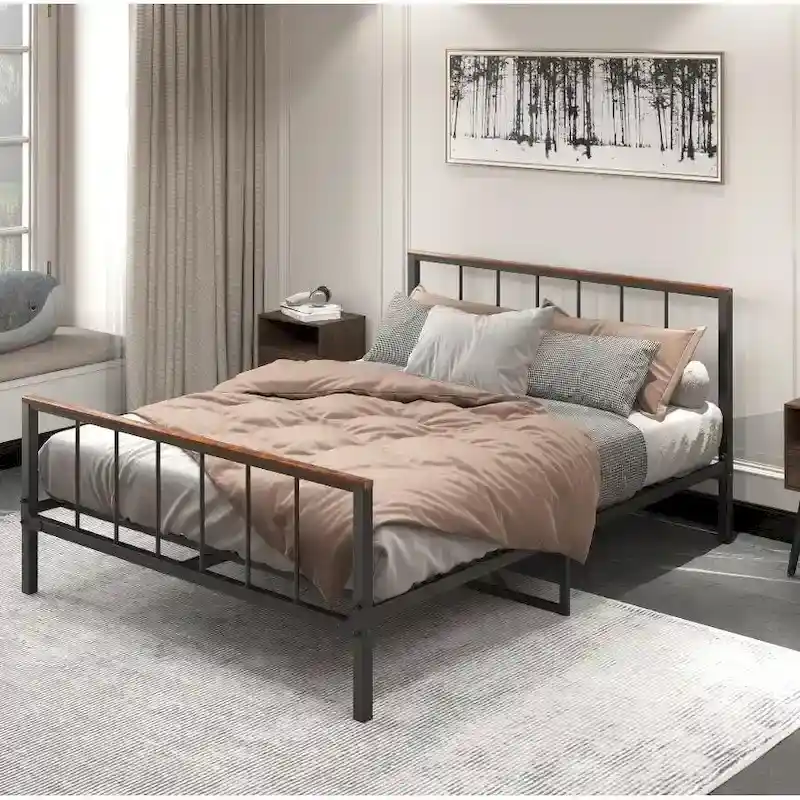 Black Metal Platform Bed with Headboard – Queen / Full, Fits 2–3
