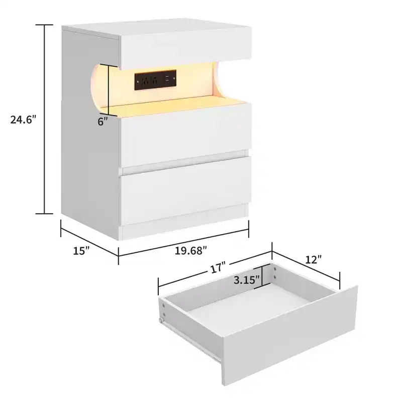 Wood 3-Drawer Nightstand with Charging Station 24.6''H x 19.68''W x 15''D