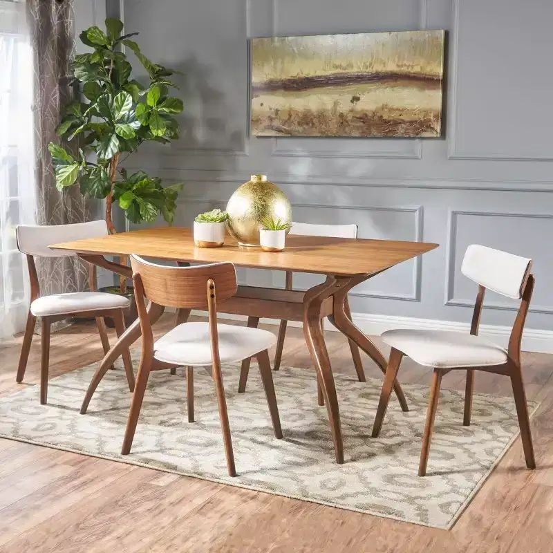 Mid-Century Modern Wood Fabric Upholstered 5 Piece Dining Set
