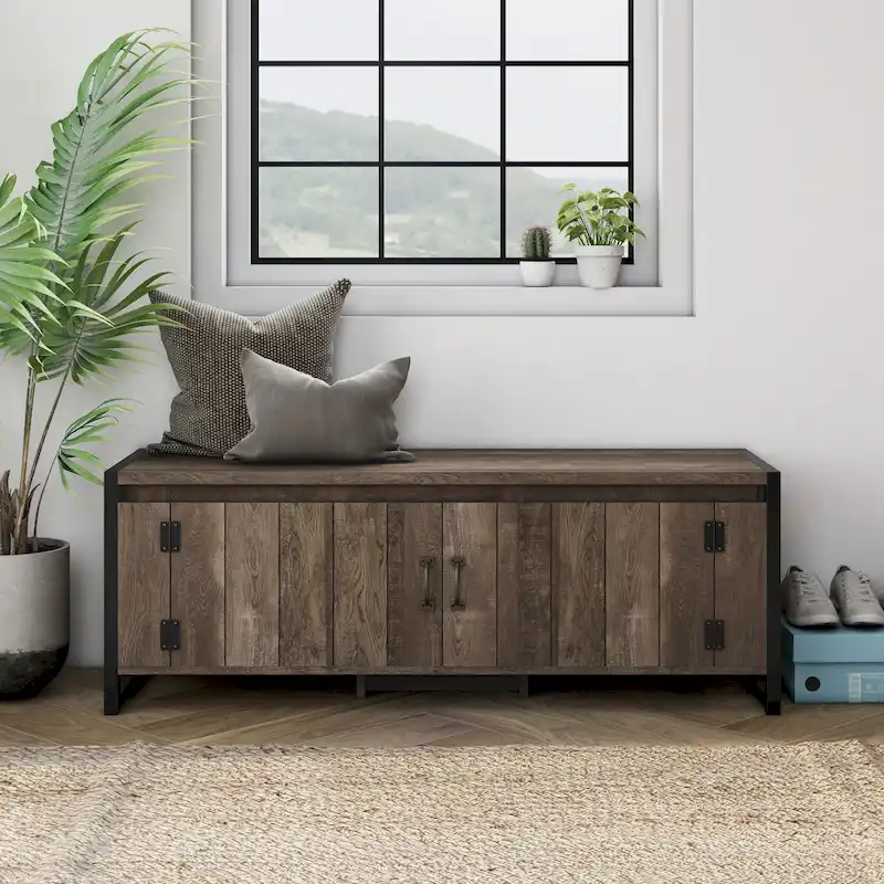Reclaimed Oak Industrial Style Storage Bench with Cabinet, Single-User, 49