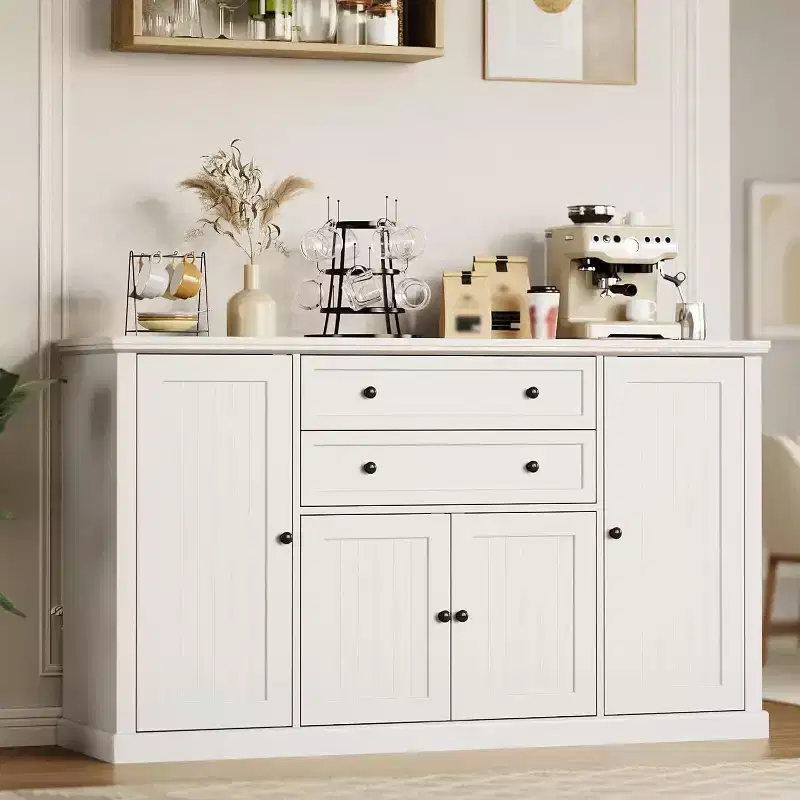58 Farmhouse Sideboard Buffet Cabinet with Drawers, Large Wooden Coffee Bar Cabinet, Heavy-Duty Storage Cabinet with Adjustable Shelves