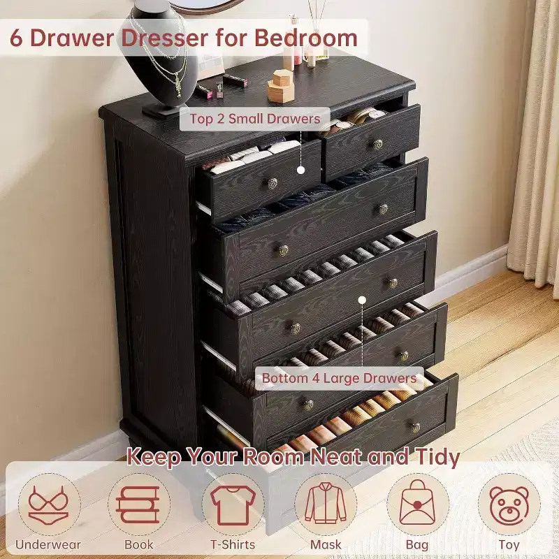 Wood 6-Drawer Dresser with Tapered Legs — Distressed Finish