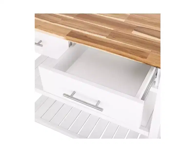 Acacia Wood Top Rolling Kitchen Cart Island Table with Drawers, 38.4 W x 18.5 D, White