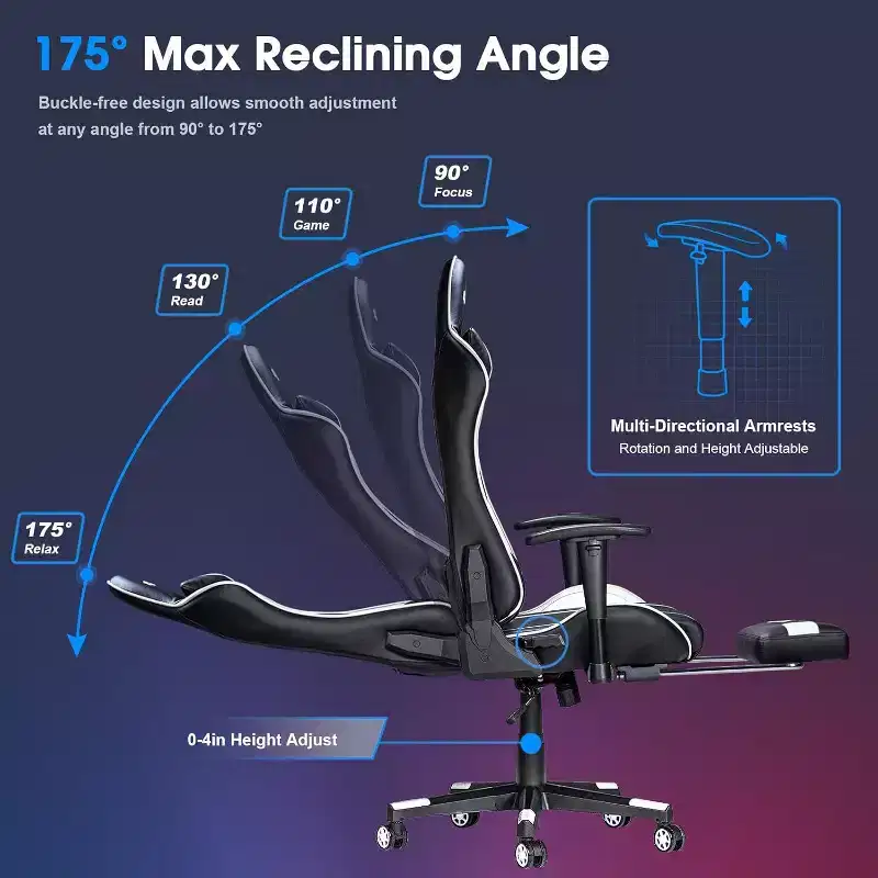 Douxlife Modern 7-Point Massage Ergonomic Gaming Chair with Footrest & Adjustable Armrests Black White