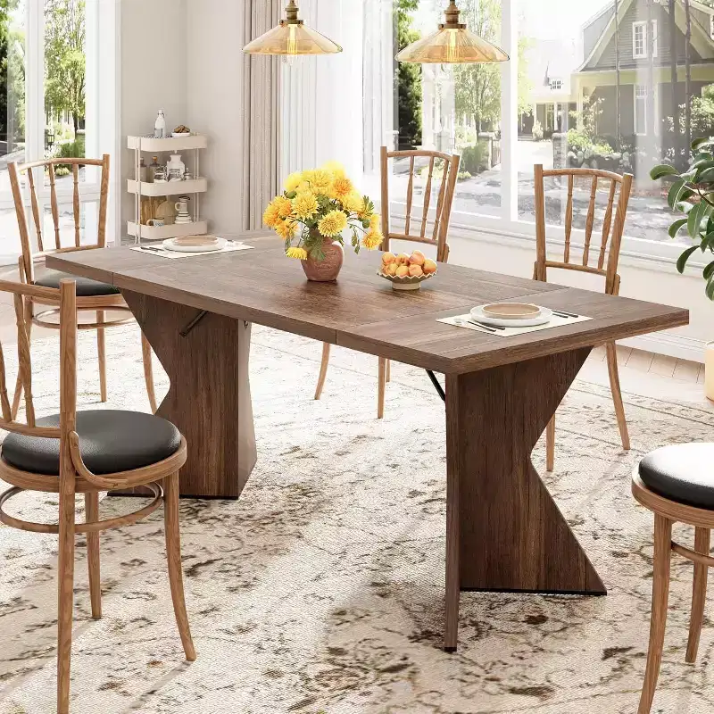 70.9-Inch Farmhouse Style Rectangular Dining Table for 6, Thick Wooden Top with Sturdy V Leg Frame, Ideal for Kitchen, Dining Room, Office