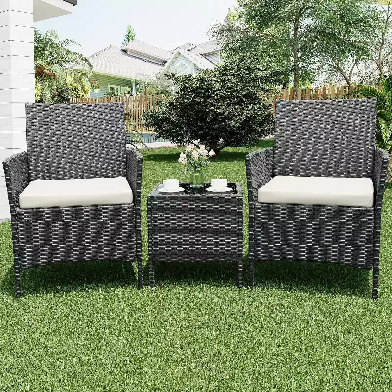 Garvee 3 Piece Patio Set, PE Rattan Patio Conversation Set, 2 Chairs + Coffee Table, Outdoor Patio Furniture Set for Patio Front Porch Balcony