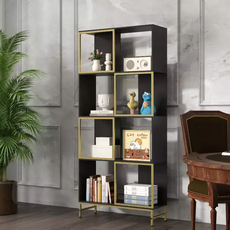 4-Tier Industrial Wood and Metal Bookcase with Asymmetrical Shelves