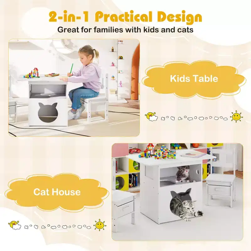 Costway 3 PCS Kids Table and Chairs Set Furniture w/Cat House Hole & Window 2 Chairs