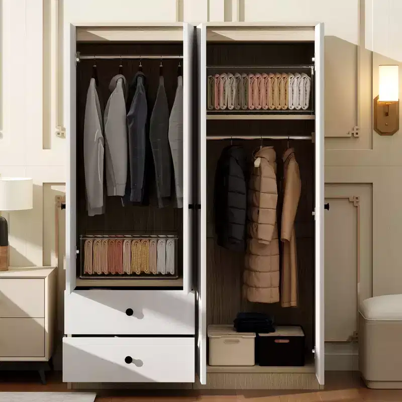 GDFStudio Bowen Modern 4 Doors Bedroom Wardrobe with Hanging Rods and 2 Drawers