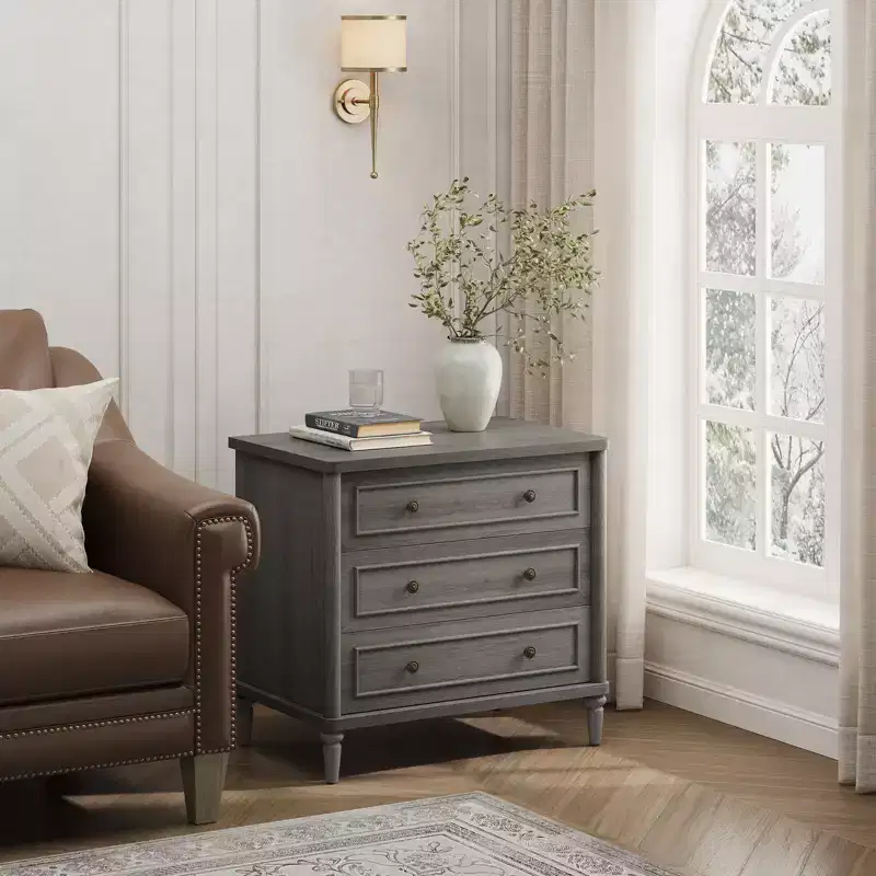 Bestier 3 Drawer Farmhouse Nightstand, Mid-Century Fluted Bedside Table with Power Outlet for Bedroom, 18 Wide Sofa Side End Table
