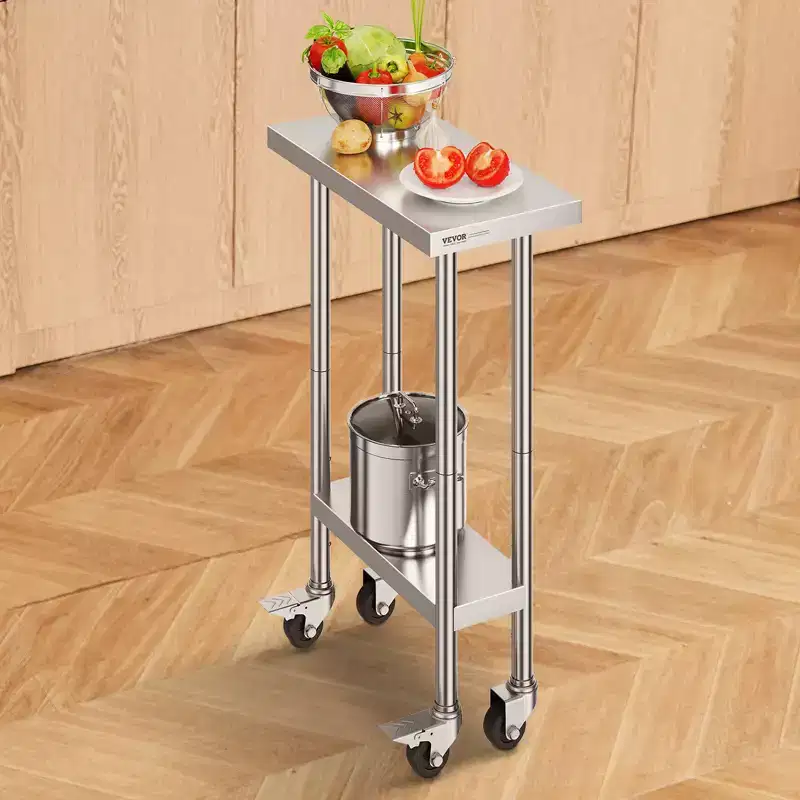 Stainless Steel Work Table 24 x 12 x 38 Inch, 500 LBS Load Capacity with 4 Wheels, 3 Adjustable Height Levels, Heavy Duty Food Prep Worktable
