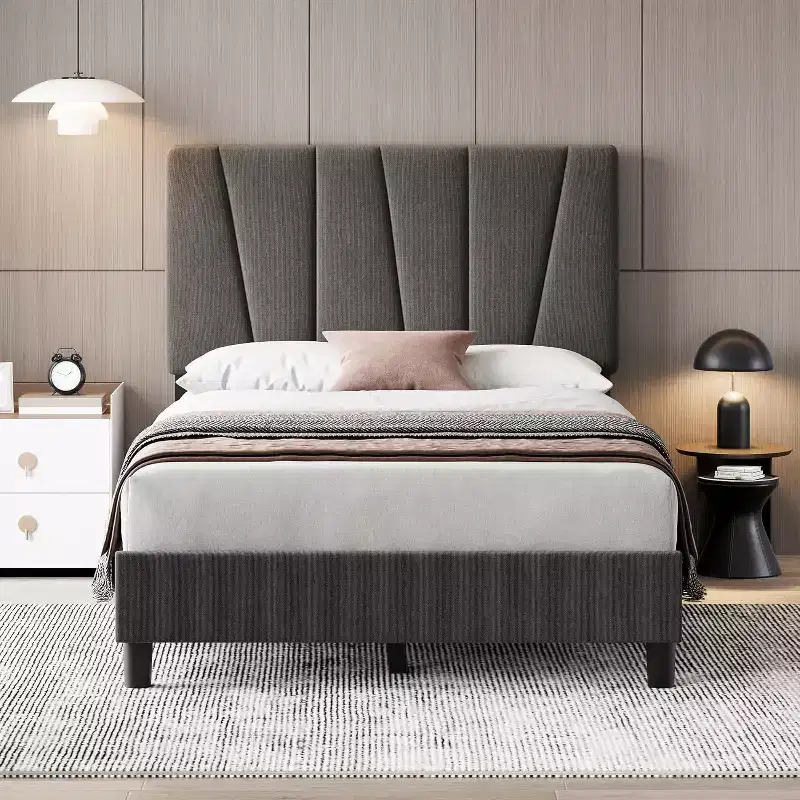 Twin Size Bed Frame with Adjustable Headboard, Linen Upholstered Bedframe with Strong Wooden Slats, Mattress Foundation, Dark Grey