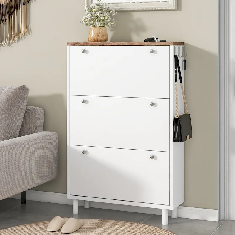 Shoe Cabinet with 3 Flip Drawers,Wood Grain Pattern with 3 Hooks,Free Standing Shoe Rack with Adjustable Panel