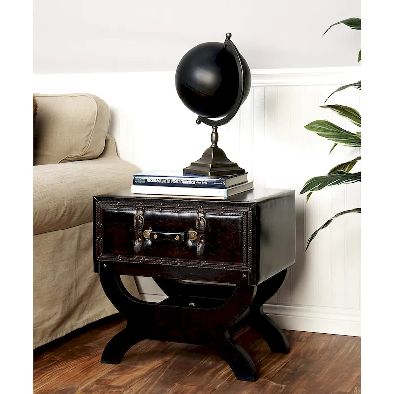 Faux Leather Vintage Style Single Drawer Accent Table with Curved Legs - Brown - Roche River Decor - 16W x 22L x 22H