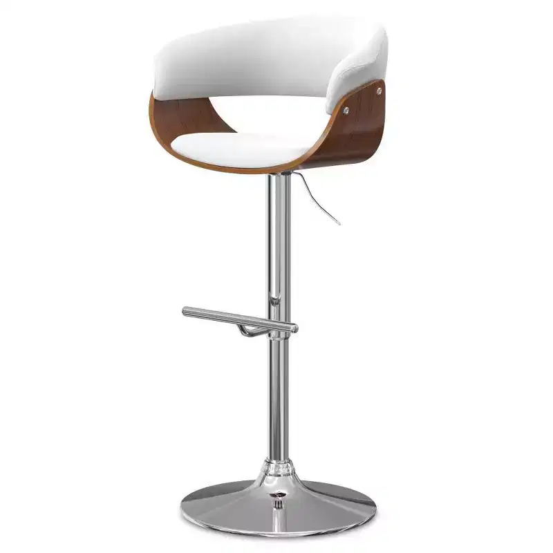 Adjustable Swivel Barstool, White Faux Leather, Foam Padded Back, Steel Legs, Counter to Bar Height