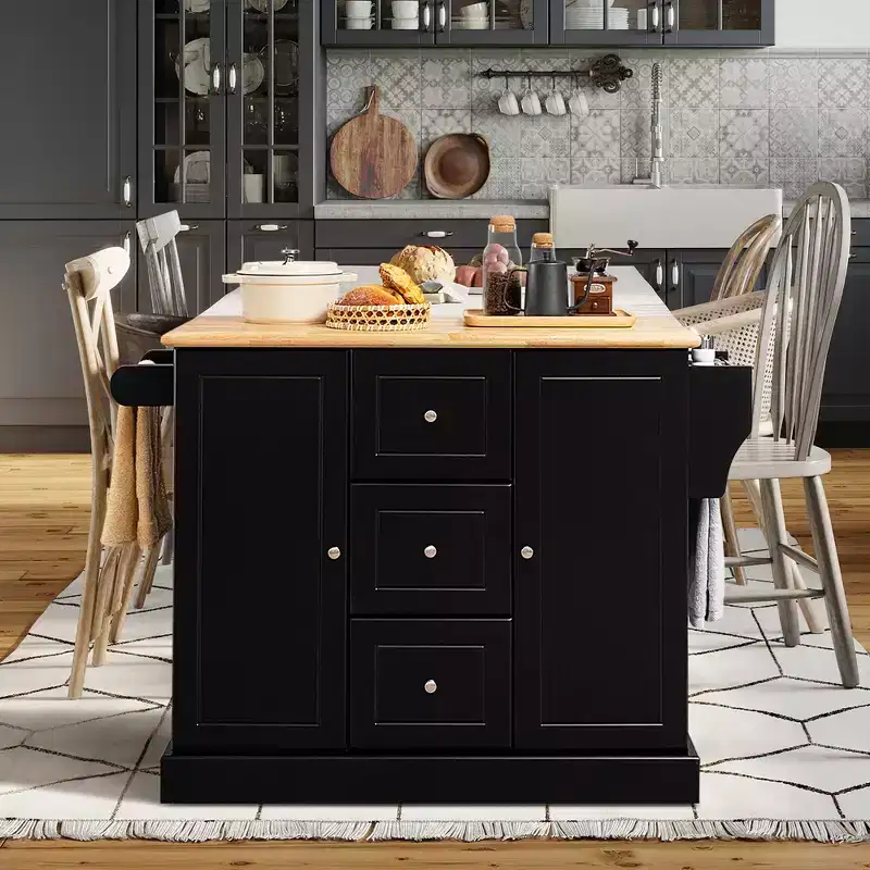 Rolling Kitchen Island Cart with Drawers, Cabinets & Spice Rack – Rubber Wood Top, Black/White