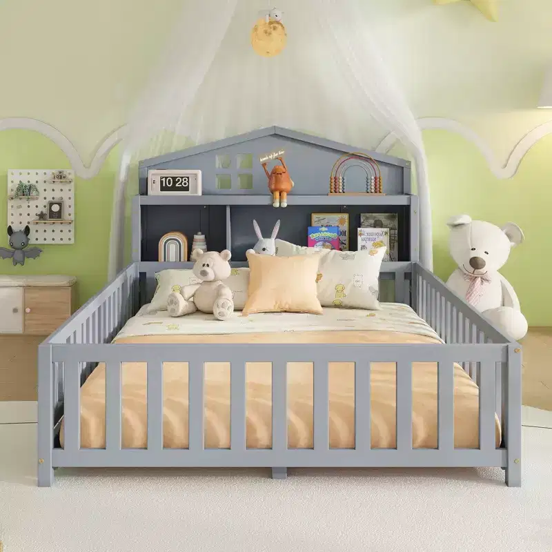 Bellemave Full Montessori Floor Bed with Bookcase & Chalkboard, Solid Wood Platform Bed with Guardrails and Storage Headboard for Kids & Teens