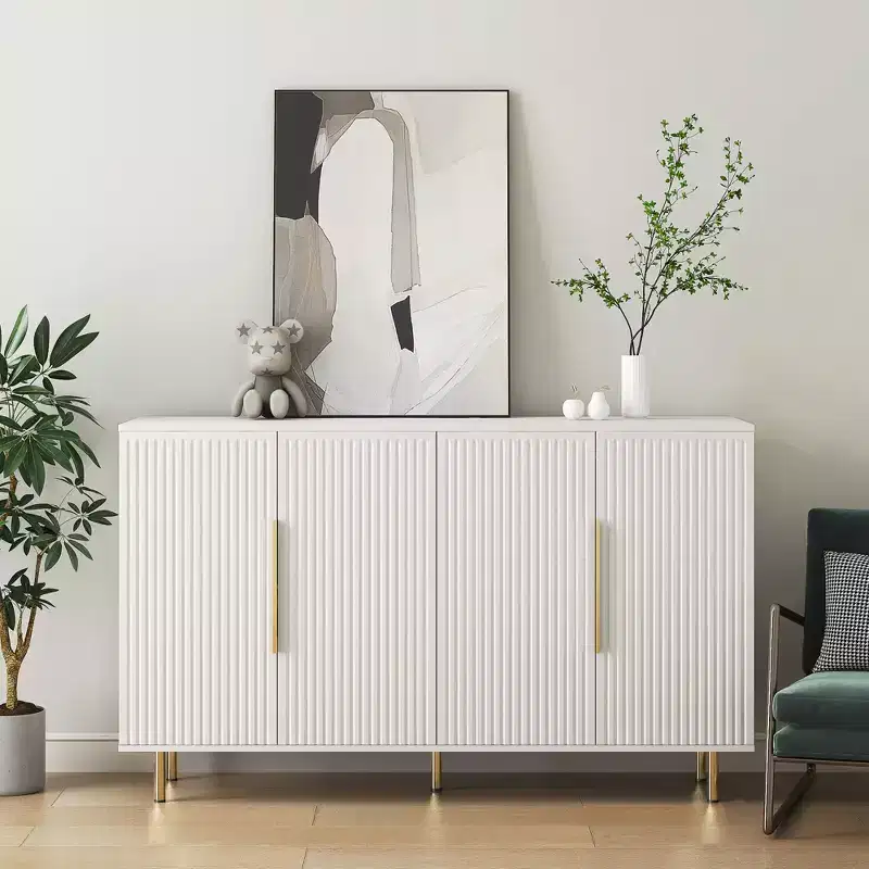 56.69 in Modern Sideboard with Grooved Side Panels and Adjustable Shelves, White