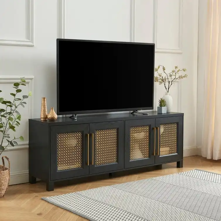 TV Stand Media Console with Rattan Doors, 69.5 in, Fits TVs up to 78 in, MDF with Cable Management
