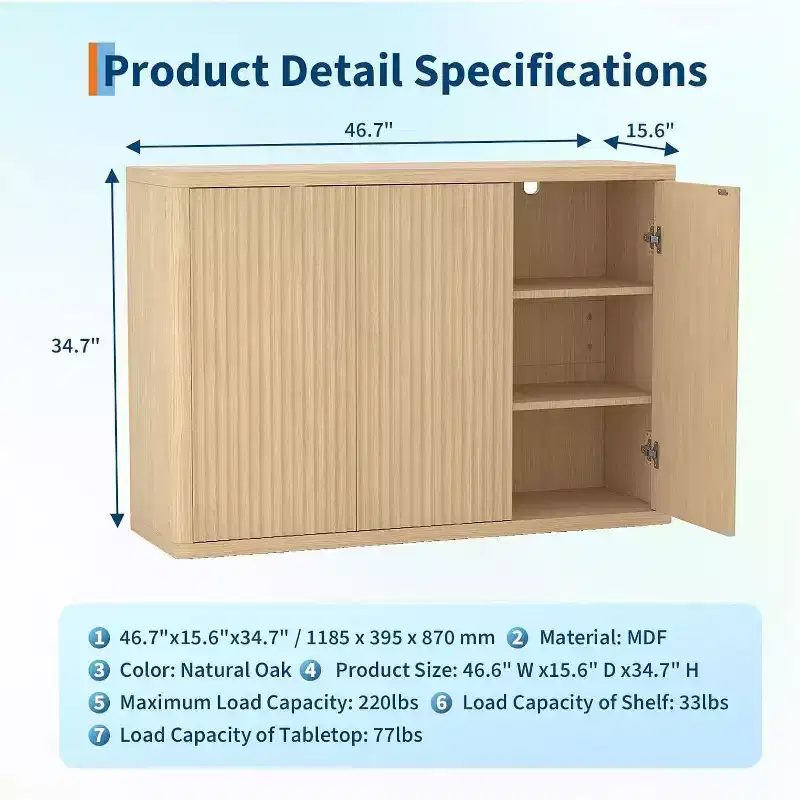 46.7 Wood Buffet Sideboard Cabinet with Storage, Modern Fluted Accent Credenza with Adjustable Shelves and 3 Doors, Coffee Bar for Home Natural