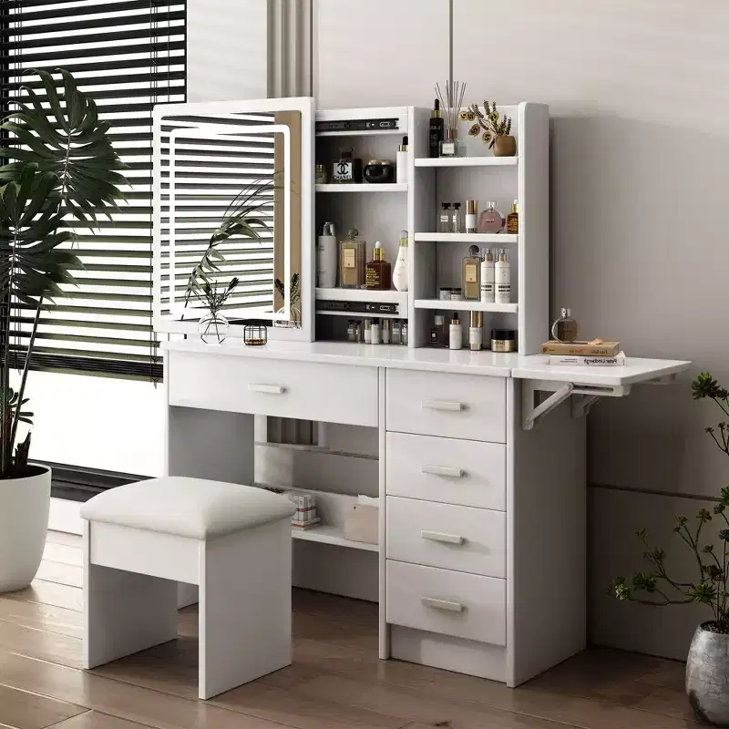 Okak Makeup Vanity with Open Shelves and 5 Drawers, Vanity Table with Large Mirror and Side Storage Shelves, Makeup Desk for Bedroom, White