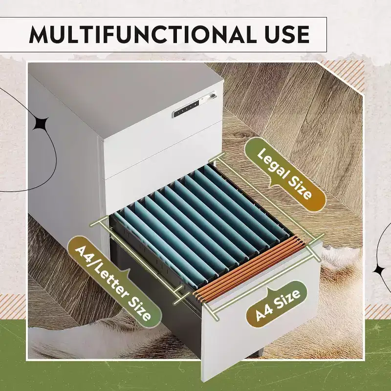 3-Drawer Cabinet with Smart Lock, Pre-Assembled Steel Desk