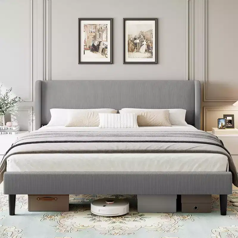 Wingback Velvet Platform Bed with Wood Slats, No Box Spring Needed