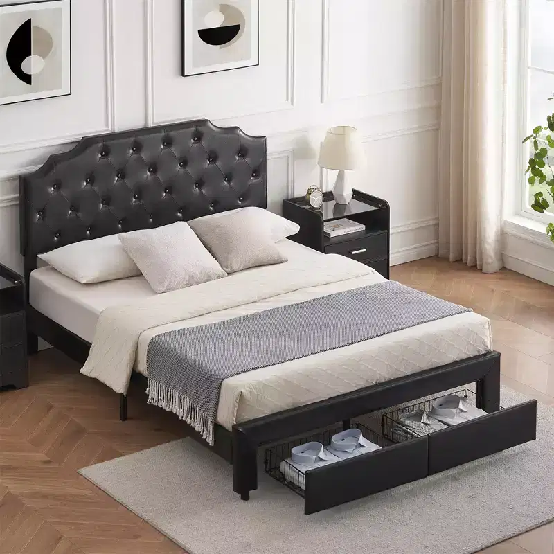 Queen Size Bed Frame with 2 Storage Drawers and Headboard, Upholstered PU Leather Platform Bed with Button Tufted