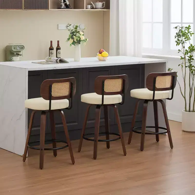CLIHOME 3 Pieces Counter Height Bar Stools - 26 Rattan Counter Height Stools With Cane Back and Upholstered Seat