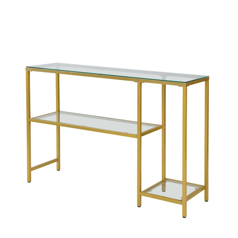 Modern Gold Metal Console Table with 2 Tempered Glass Shelves - 48W