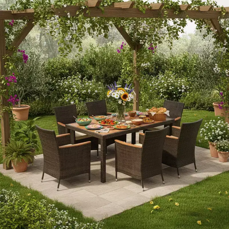 Gymax 7 PCS Patio Wicker Dining Set w/ Outdoor Dining Table 6 Stackable Cushioned Chairs Acacia Wood Armrests & Tabletop Umbrella Hole