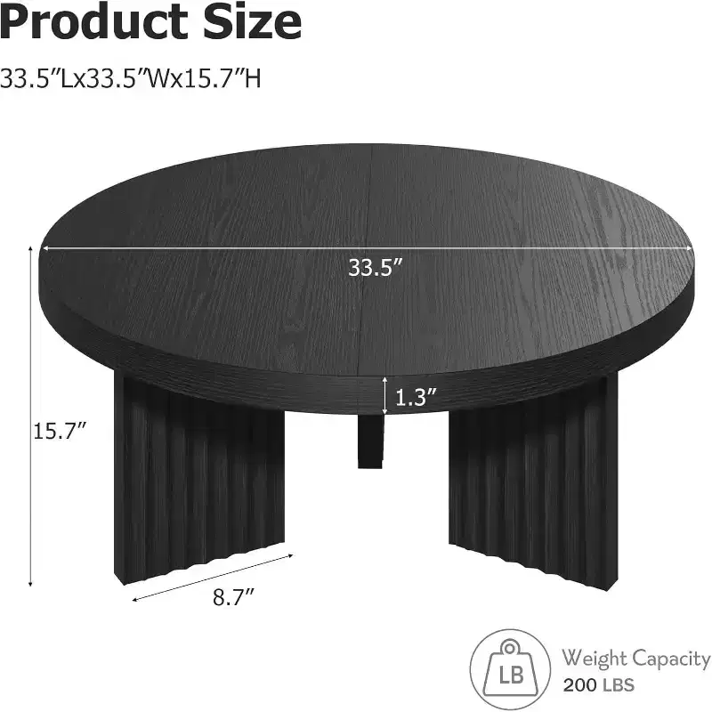 33.4 Small Round Coffee Table with 1.3 Thick Top, Circle Center Table with Fluted Legs, Accent Cocktail Tables for Home, Office