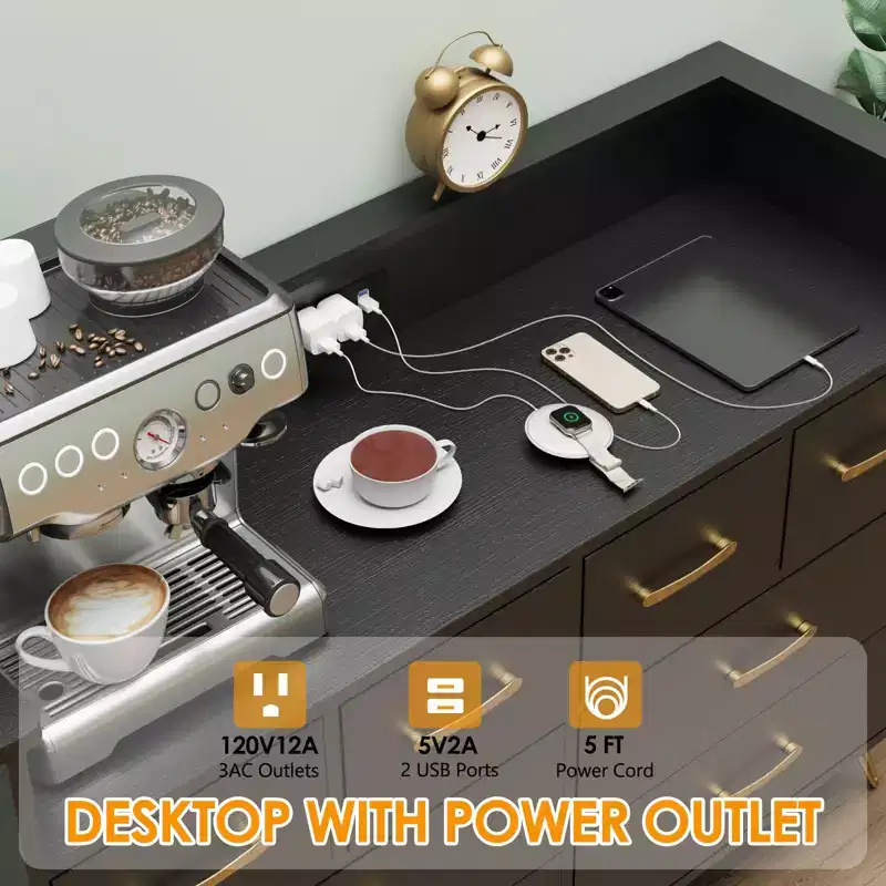 8-Drawer Dresser with Power Outlet, LED Lights & Gold Handles, Modern Wood Chest, White