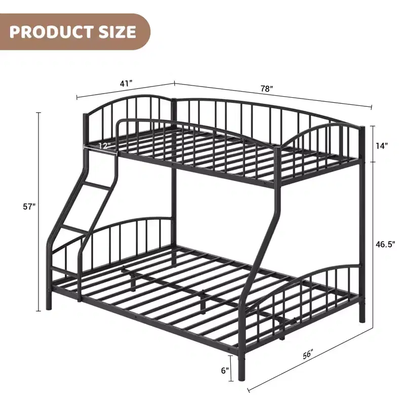 Space-Saving Twin Over Full Bunk Bed, Arched Guardrail, No Box Spring Needed, Ladder, Sturdy Slats Support