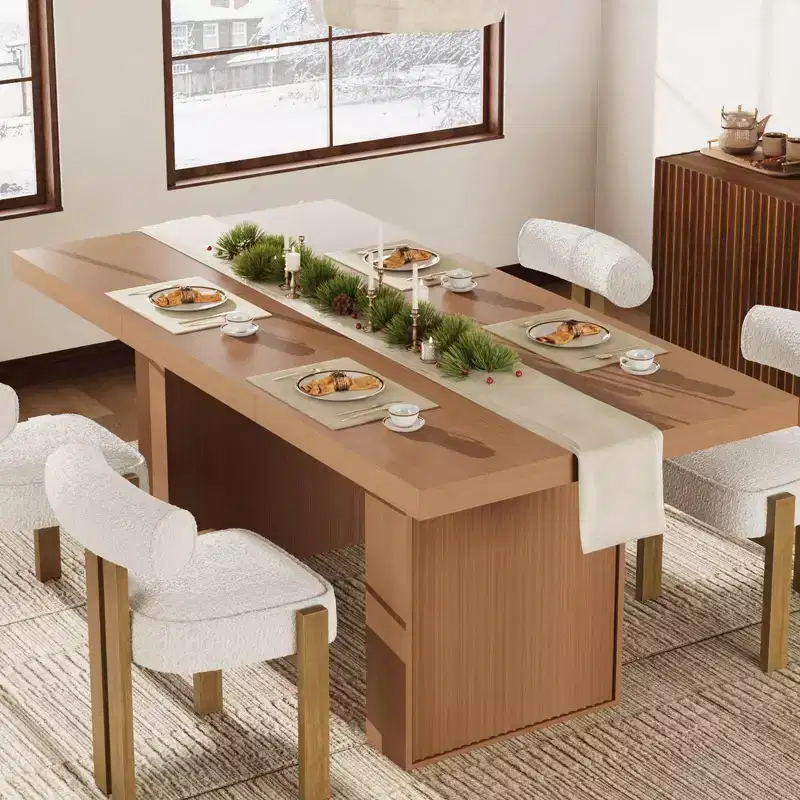 70.8 Dining Table, Modern Dining Room Table with Storage, Wood Kitchen Table with Fluted Legs, Wood Rustic Kitchen Table