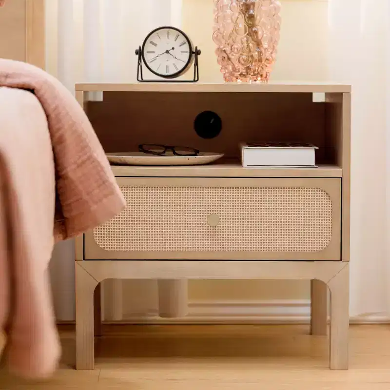 Rattan Cubby Nightstand with 1 Drawer, Electrical Outlet and Brass Knob