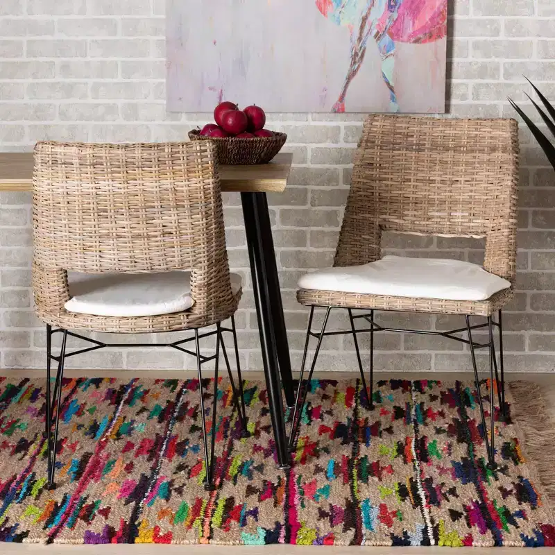 2pc Nafaro Rattan Metal Dining Chair with Cushion Set Black/White - bali & pari